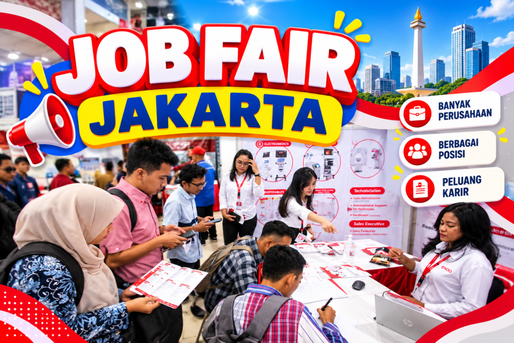 Job Fair Jakarta dengan berbagai perusahaan membuka peluang kerja bagi pencari kerja, menampilkan suasana bursa kerja dengan pelamar yang berinteraksi langsung dengan tim rekrutmen perusahaan.